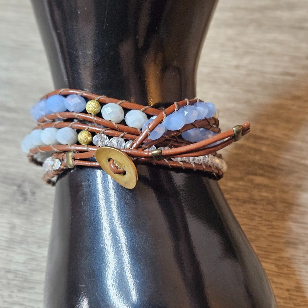 Leather Wrap Bracelet with light Blue, Gold, clear Beads
